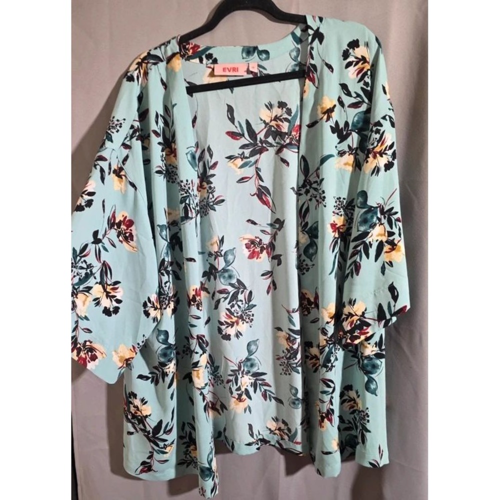 EVRI Women 1X Light Blue Floral Kimono Open Front Cardigan Wrap Layering Top